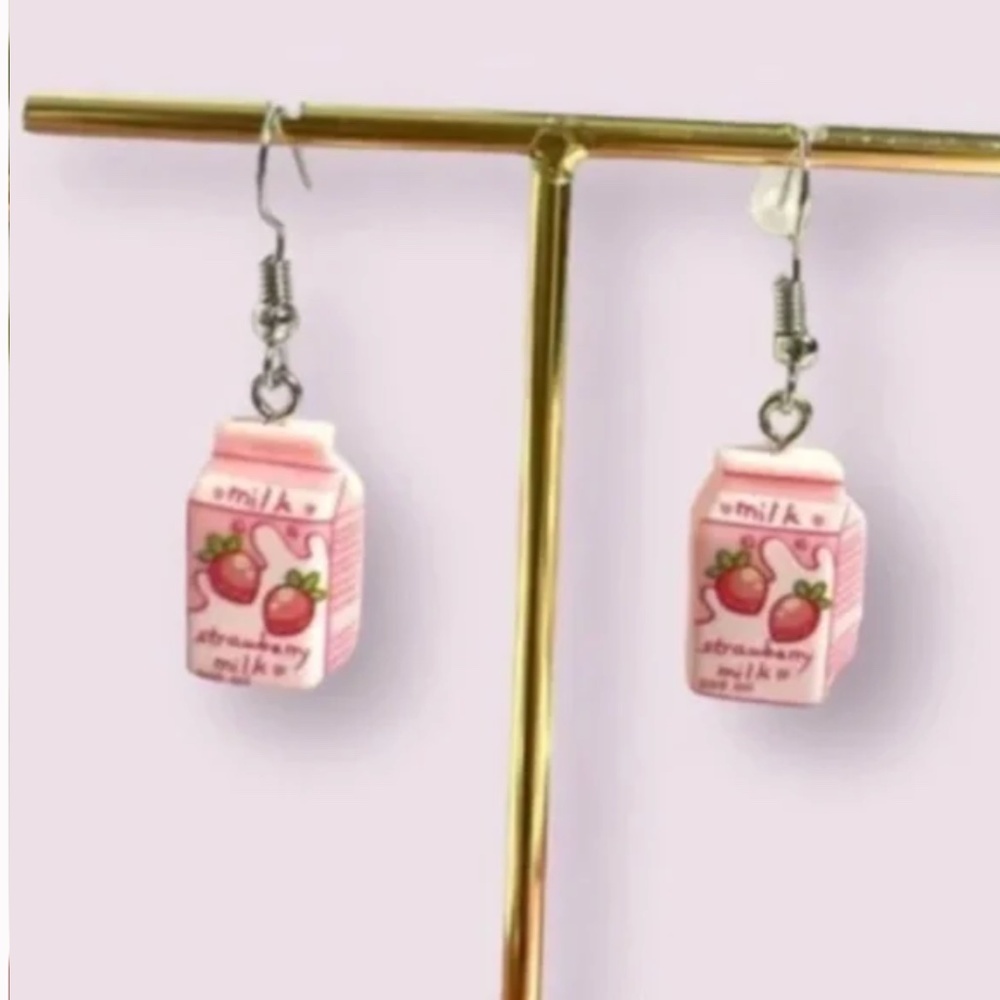 ❤️FREE Strawberry Milk Kids Cartoon Pop Art Artsy Drop Charm Cute Funny Earrings